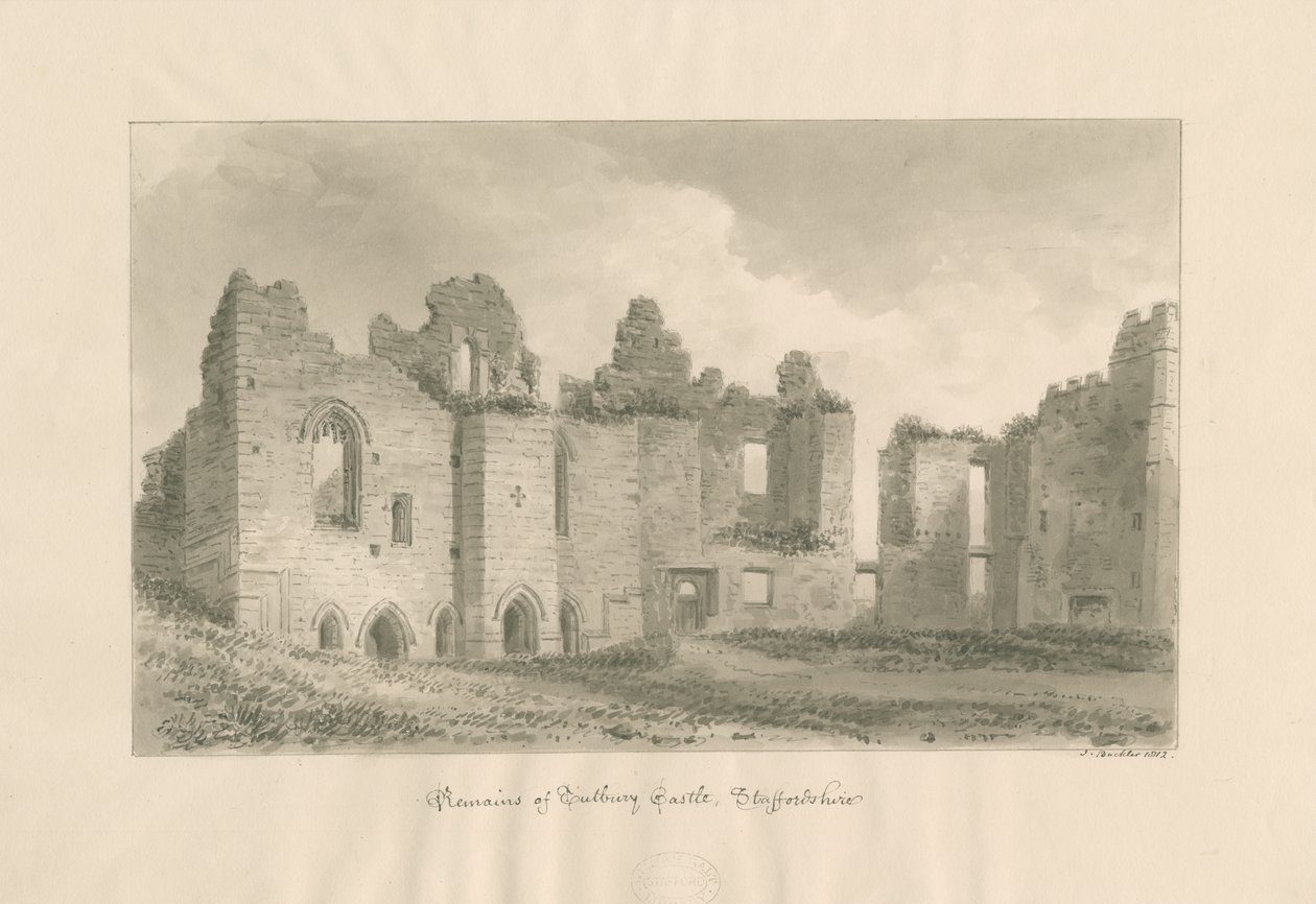 टटबरी कैसल - इनर कोर्टयार्ड से बने: सीपिया वॉश ड्राइंग, 1812 द्वारा जॉन बकलर