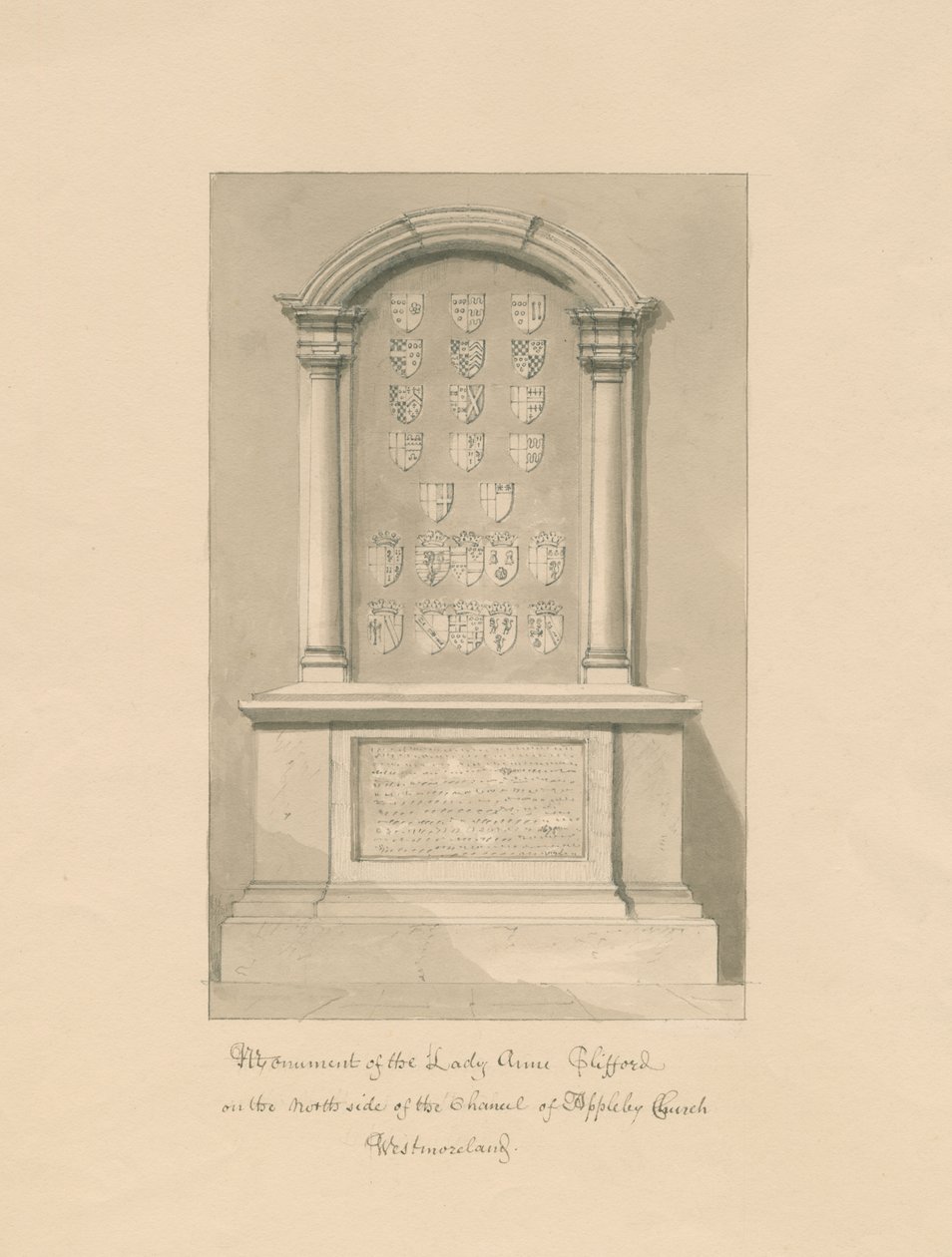 Westmorland - Appleby Church - स्मारक से लेडी ऐनी क्लिफोर्ड: सीपिया ड्राइंग, 1800 द्वारा जॉन बकलर