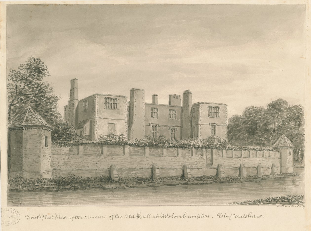 वॉल्वरहैम्प्टन - द ओल्ड हॉल: सीपिया ड्राइंग, 1837 द्वारा जॉन बकलर