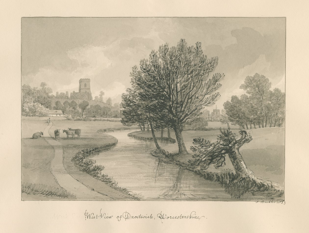 वॉस्टरशायर - द्रोइटविच - वेस्ट व्यू ऑफ़ टाउन: सीपिया ड्राइंग, 1833 द्वारा जॉन बकलर