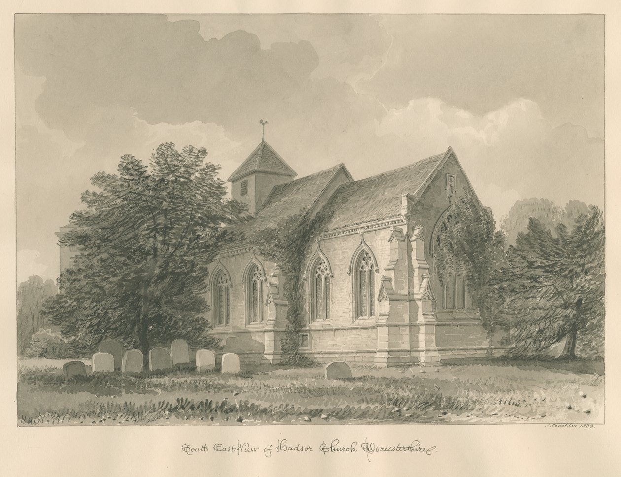 वॉस्टरशायर - हाडसर चर्च: सीपिया ड्राइंग, 1833 द्वारा जॉन बकलर