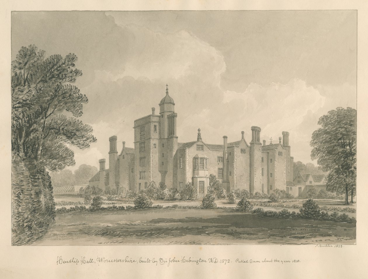 वॉस्टरशायर - हिंडलिप्स हॉल: सीपिया ड्राइंग, 1833 द्वारा जॉन बकलर