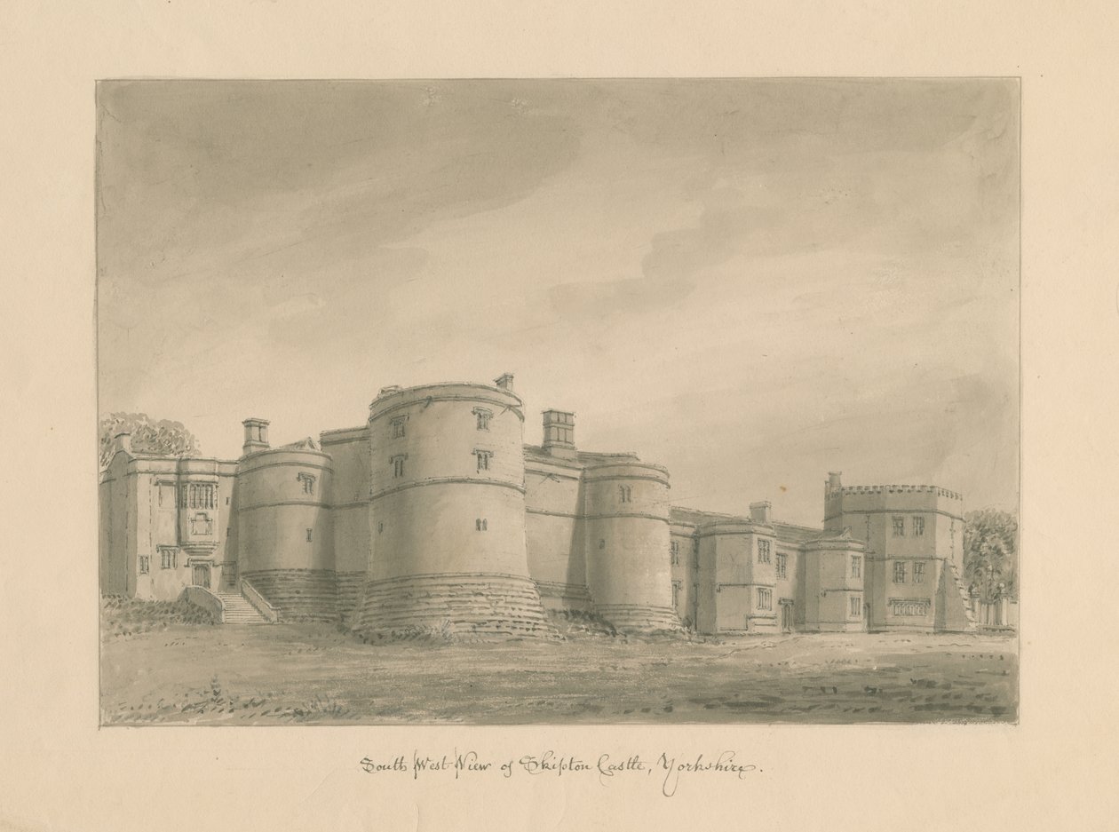 यॉर्कशायर - स्किपटन कैसल: सीपिया ड्राइंग, 1818 द्वारा जॉन बकलर