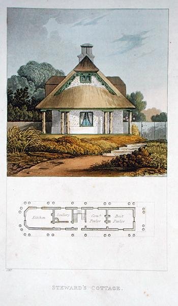 स्टीवर्ड्स कॉटेज, एकरमैन के 'रिपोजिटरी ऑफ आर्ट्स' से, 1818 में प्रकाशित (रंग लिथो) द्वारा जॉन बूनारोटी पापवर्थ