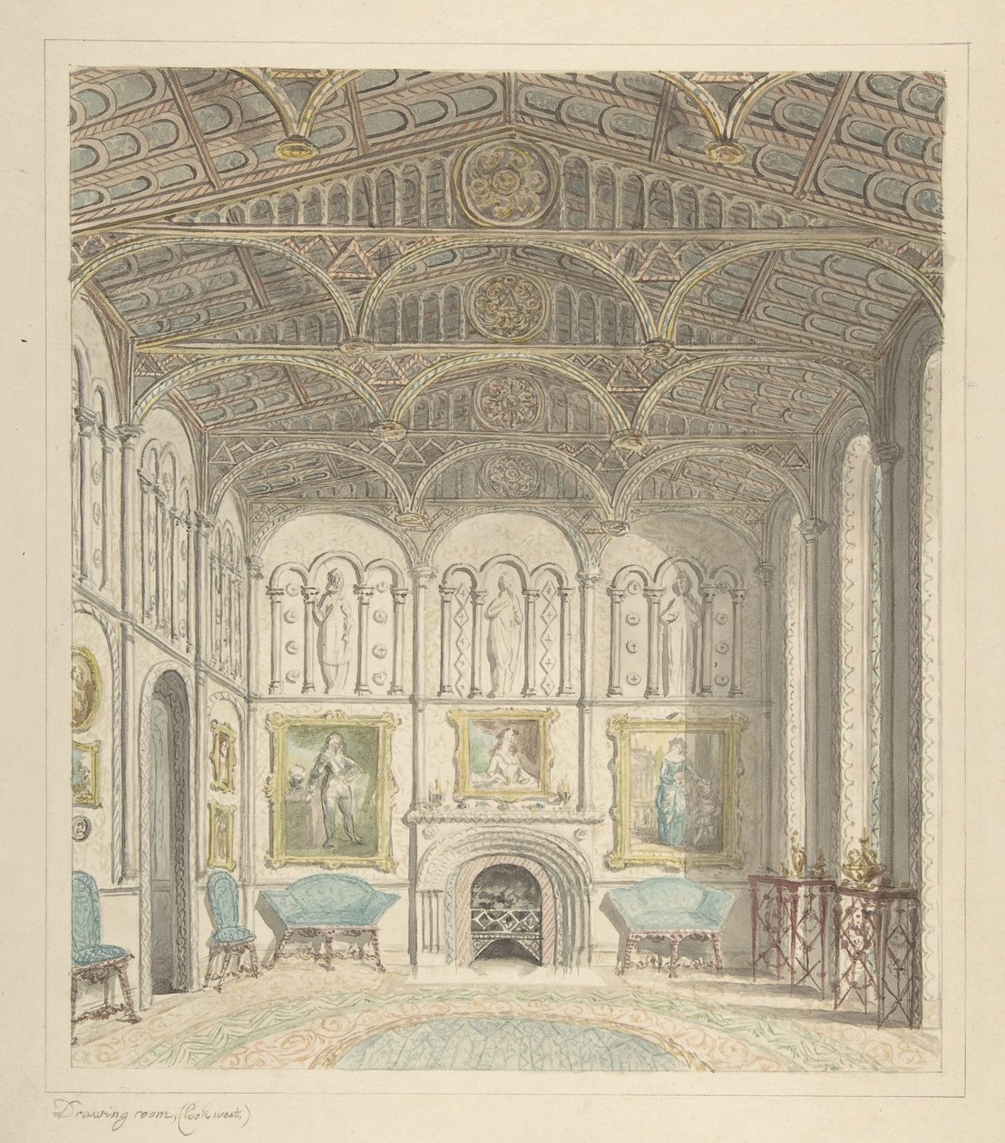 ली कैसल का ड्राइंग रूम, पश्चिम की ओर देखते हुए, ca. 1816. द्वारा जॉन कार्टर।