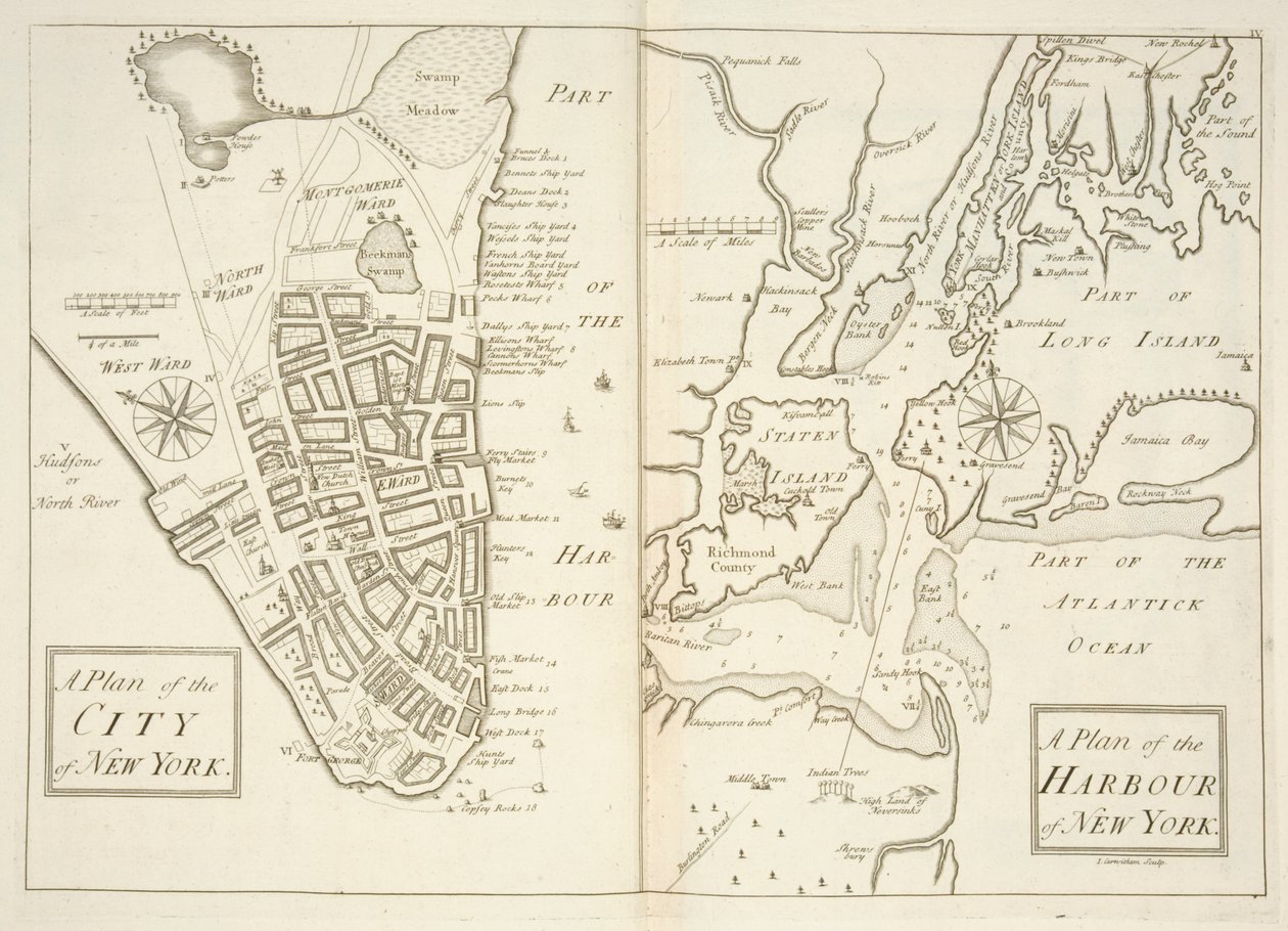 होल्खम एमएस 109 एफ 41, न्यूयॉर्क के शहर और बंदरगाह की योजना, c.1740 (उत्कीर्णन) द्वारा जॉन कारविथम