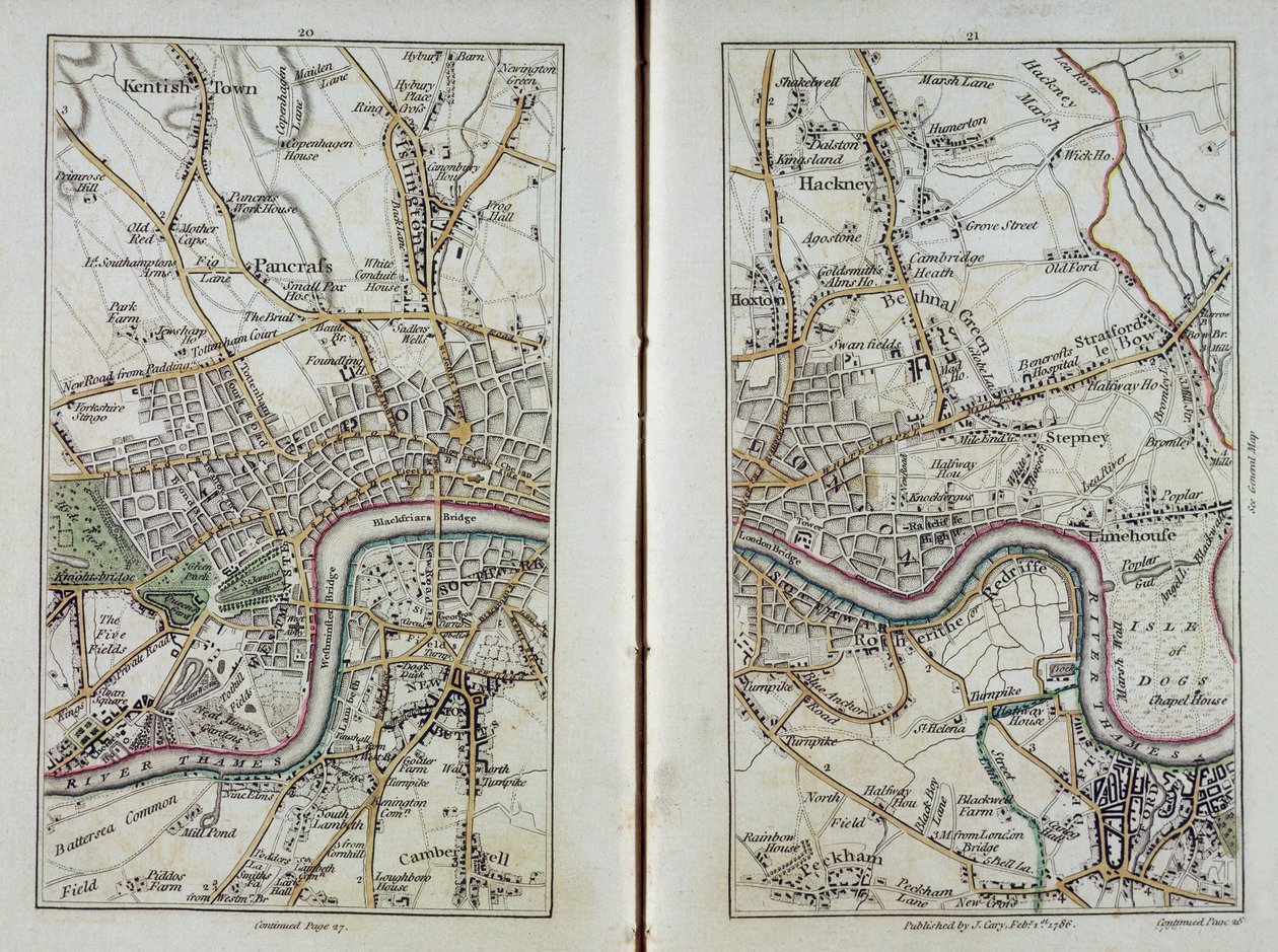 ईस्ट लंदन का नक्शा, 20-21, &39;कैरी का वास्तविक सर्वेक्षण मिडिलसेक्स&39; से, 1786 द्वारा जॉन कैरी
