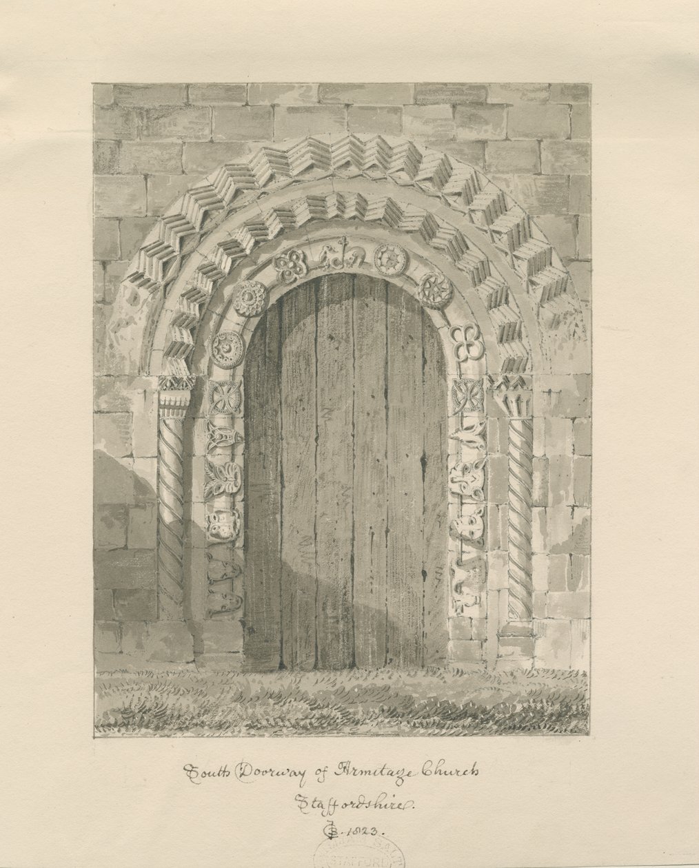 आर्मिटेज चर्च - साउथ डोरवे: सीपिया ड्राइंग, 1823 द्वारा जॉन चेसेल बकलर
