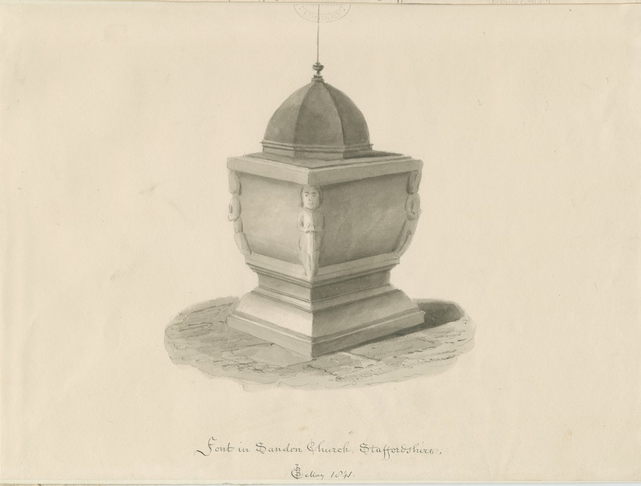 सैंडन चर्च में फ़ॉन्ट: सेपिया वॉश ड्राइंग, मई 1841 (ड्राइंग) द्वारा जॉन चेसेल बकलर