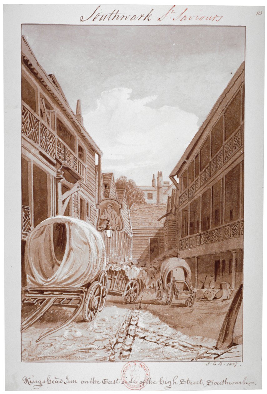 हाई स्ट्रीट, साउथवार्क, लंदन, 1827 के ईस्ट साइड पर किंग्स हेड इन। द्वारा जॉन चेसेल बकलर