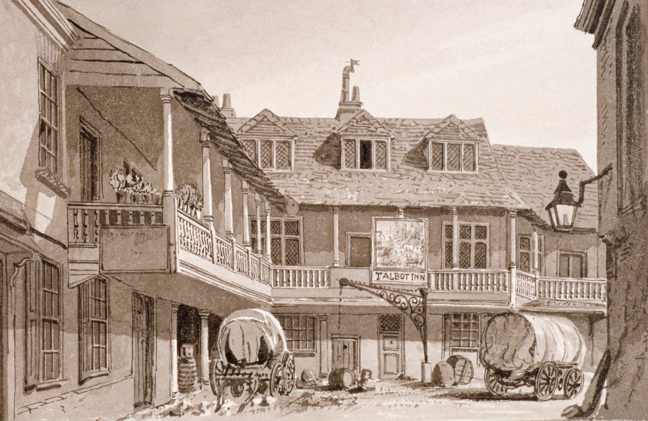बरो हाई स्ट्रीट, साउथवार्क, लंदन, 1827 पर टैबर्ड इन। द्वारा जॉन चेसेल बकलर