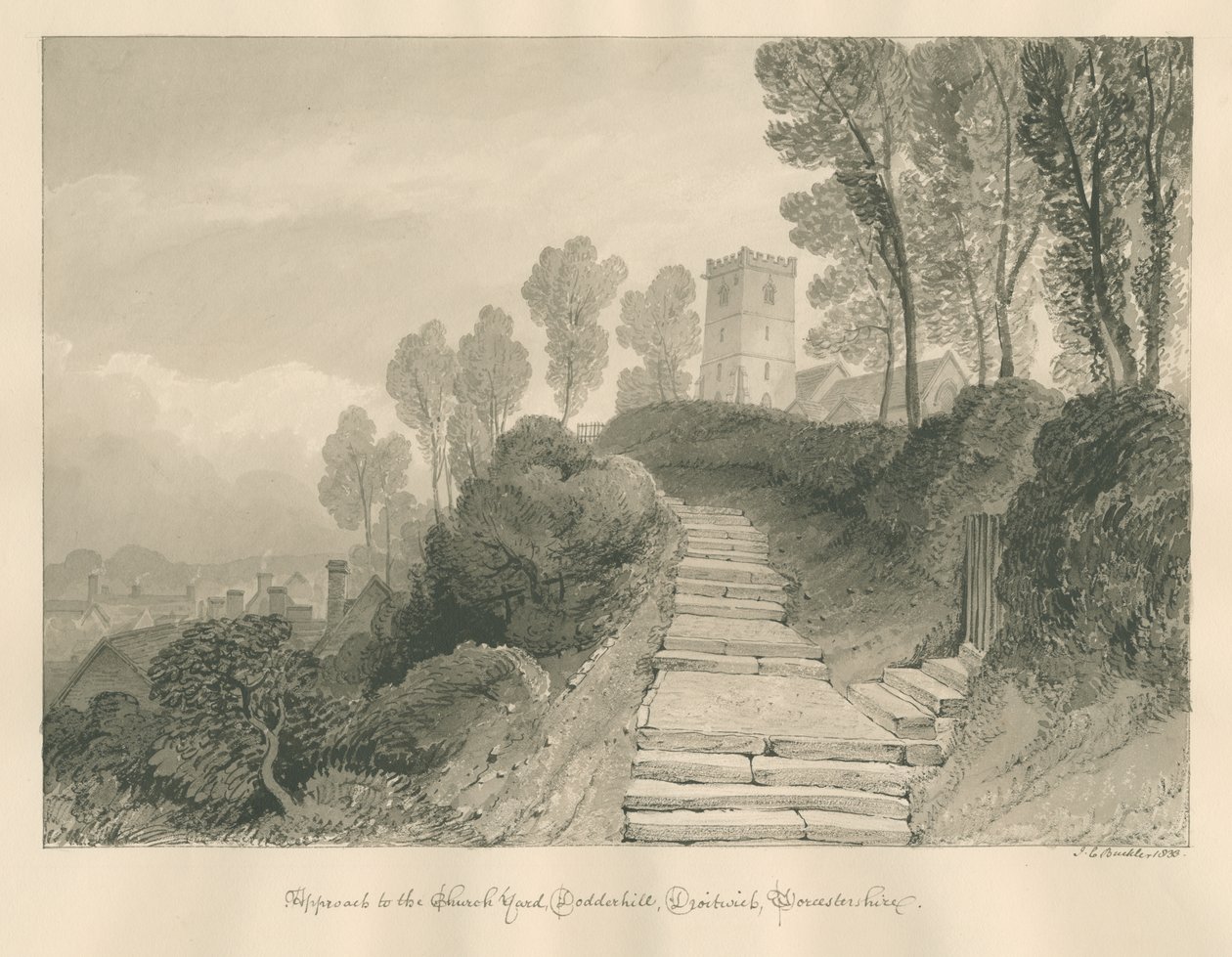 वॉस्टरशायर - द्रोइटविच - डोड्डेरिल चर्च: सीपिया ड्राइंग, 1833 द्वारा जॉन चेसेल बकलर