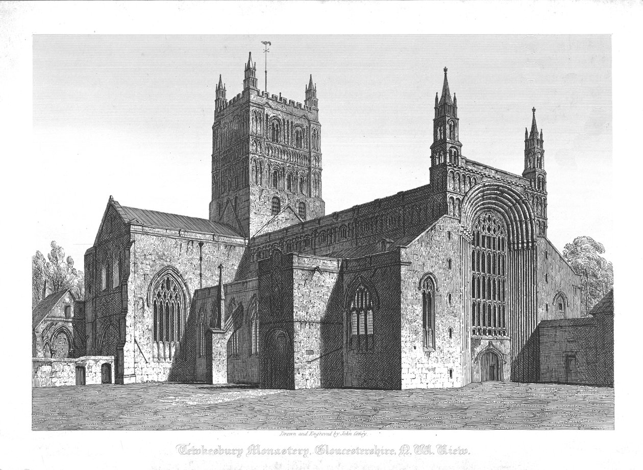 Tewkesbury मठ, ग्लॉस्टरशायर, NW व्यू, 19 वीं सदी की शुरुआत में। द्वारा जॉन कोनी