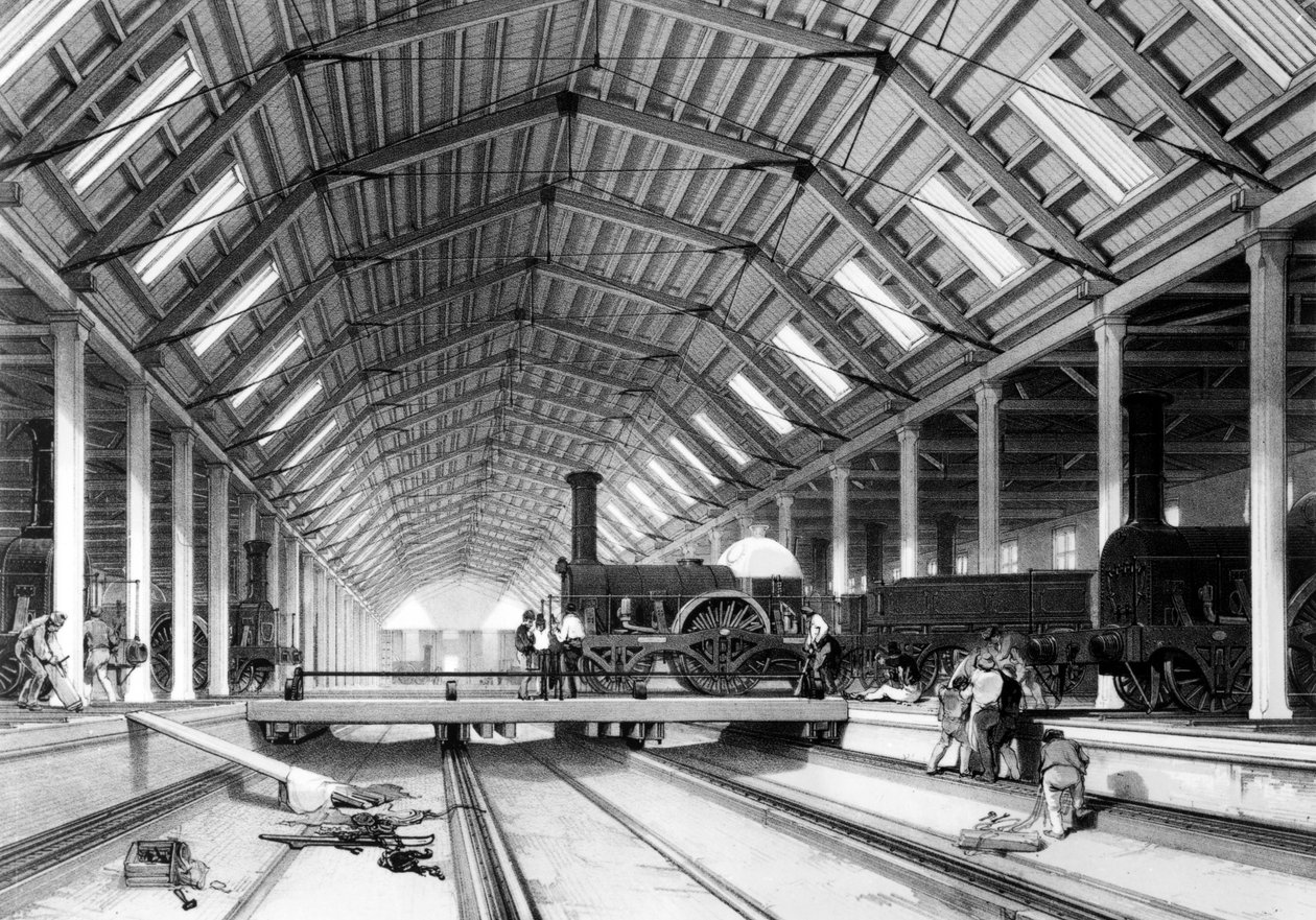 इंजन हाउस, स्विंडन, 1846 (कलम, कागज पर स्याही से धोना) द्वारा जॉन कुक बोर्न
