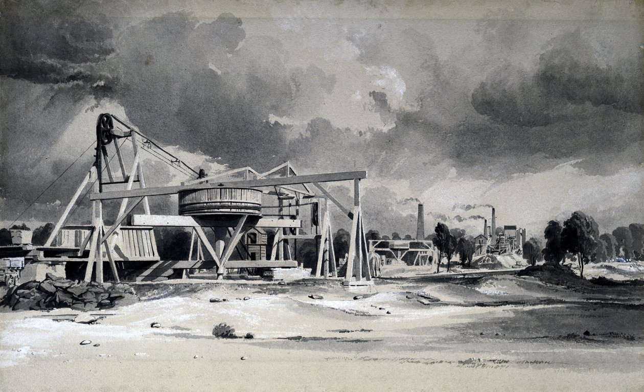 किल्स्बी सुरंग, नॉर्थम्पटनशायर में हेडगियर और पंप, 16 जुलाई 1837 (कागज पर कलम और स्याही और धुलाई) द्वारा जॉन कुक बोर्न