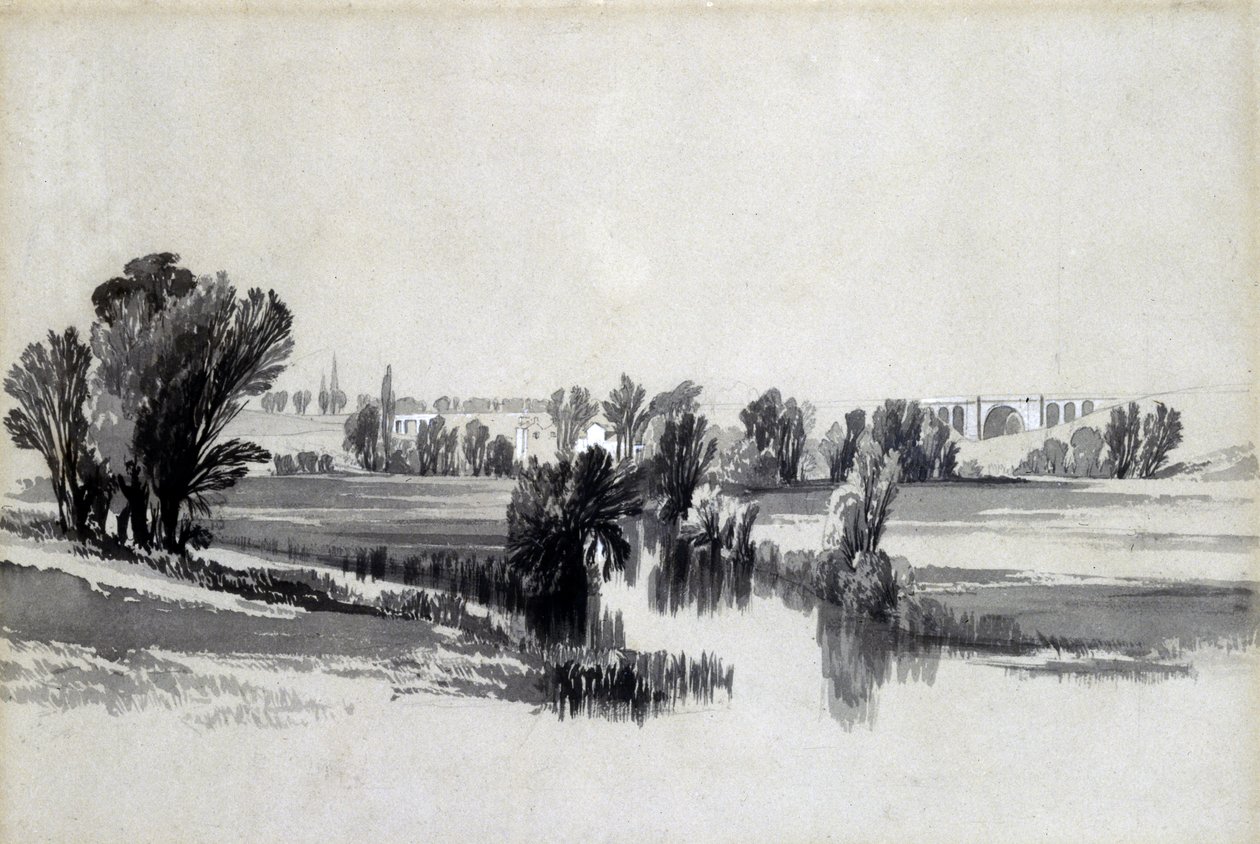 नदी सोवे, कोवेंट्री के पास, मई 1839 (कागज पर कलम और स्याही और धुलाई) द्वारा जॉन कुक बोर्न