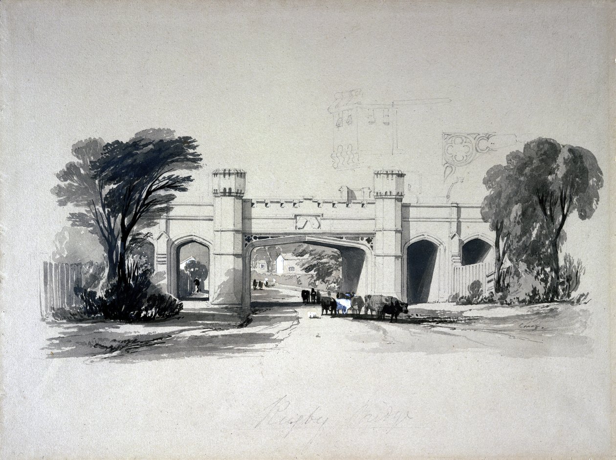 सड़क से देखा गया रग्बी रेलवे पुल, वार्विकशायर, अप्रैल 1839 (कागज पर कलम और स्याही और वॉश) द्वारा जॉन कुक बोर्न