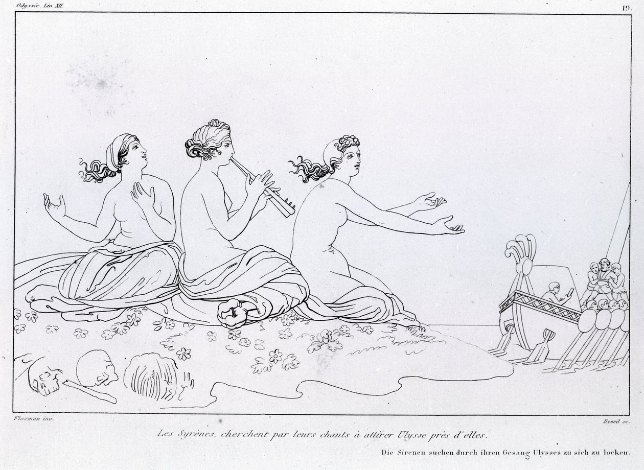 Mermaids Ulysses को आकर्षित करने के लिए अपने गीत की तलाश करते हैं। जॉन फ्लैक्समैन द्वारा चित्र (1755 - 1826)। होमर का ओडिसी। गीत बारहवीं। द्वारा जॉन फ्लैक्समैन