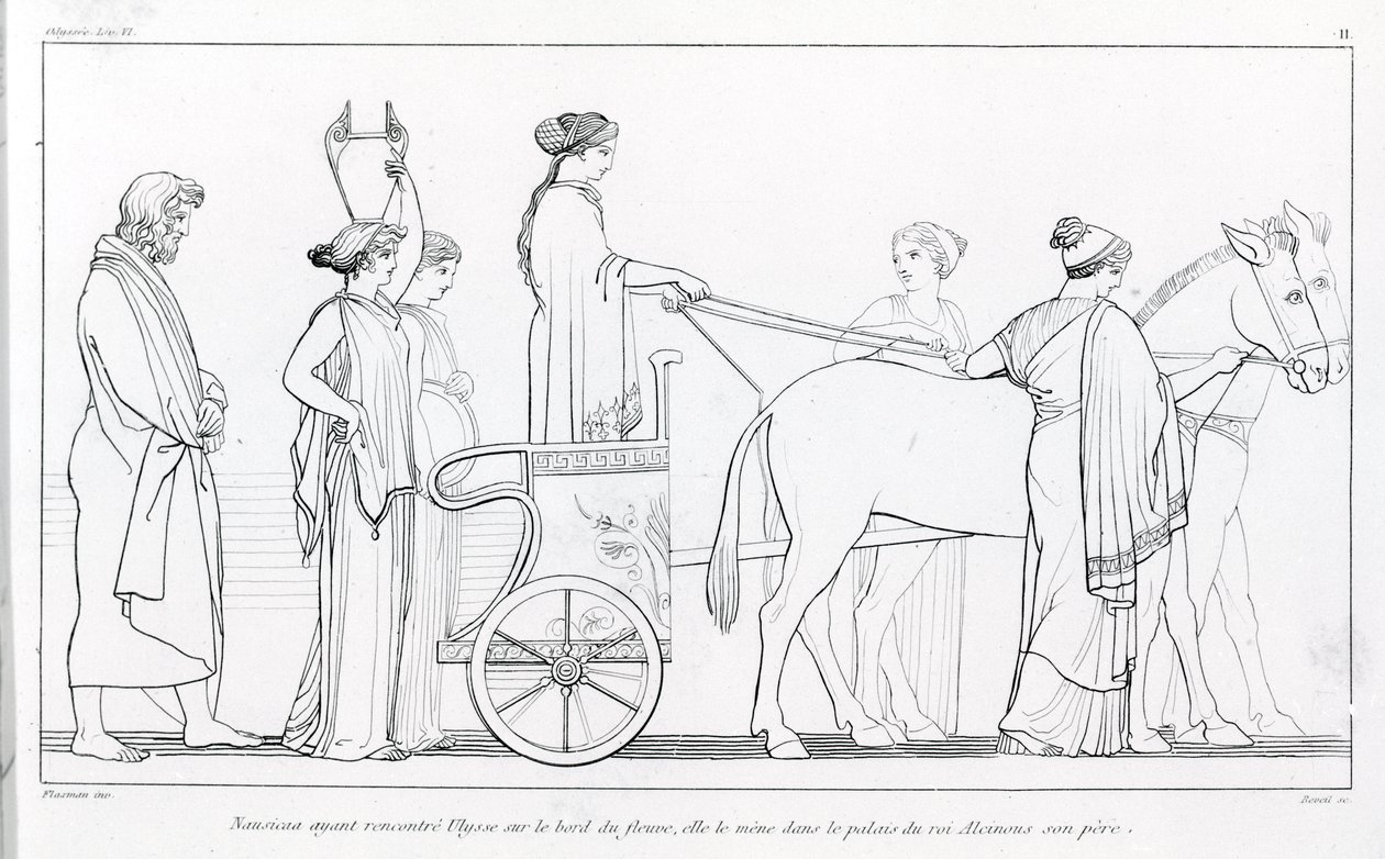 Nausicaa, जो अभी-अभी Ulysses से मिला था, उसे वापस अपने पिता के महल, King Alkinoos में ले जाता है। जॉन फ्लैक्समैन (1755 - 1826) द्वारा ड्राइंग। होमर का ओडिसी। गीत VI. द्वारा जॉन फ्लैक्समैन