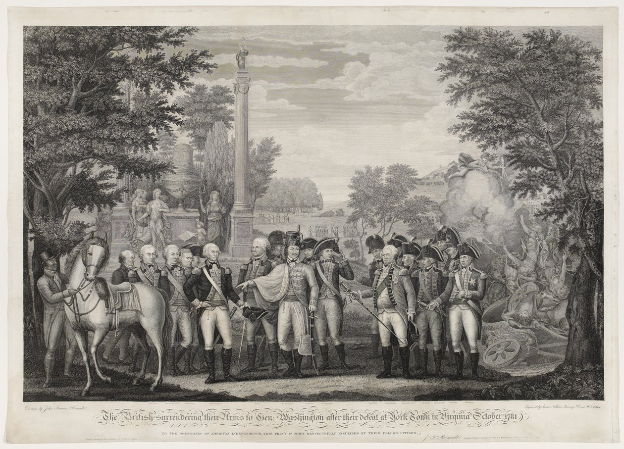 ब्रिटिशों ने अपने शस्त्रों को जनरल को सौंप दिया: वाशिंगटन ने 1781 में वर्जीनिया के यॉर्क टाउन में अपनी हार के बाद। द्वारा जॉन फ्रांसिस (बाद में) रेनॉल्ट