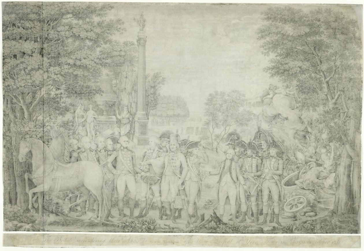 अक्टूबर, 1781, 1810-1815 में वर्जीनिया के यॉर्कटाउन में उनकी हार के बाद जनरल वॉशिंगटन के लिए अपने हथियार आत्मसमर्पण करते हुए ब्रिटिश द्वारा जॉन फ्रांसिस रेनॉल्ट