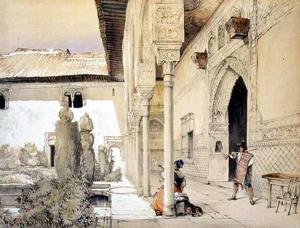 विलियम गौसी (fl.1825-54) द्वारा उकेरी गई 'स्केच एंड ड्रॉइंग्स ऑफ द अलहम्ब्रा' से हॉल ऑफ एंबेसडर में प्रवेश द्वारा जॉन फ्रेडरिक (बाद) लुईस