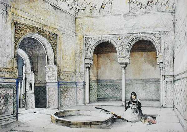 विलियम गौसी (fl.1825-54) द्वारा उकेरी गई 'स्केच एंड ड्रॉइंग्स ऑफ द अलहम्ब्रा' से हॉल ऑफ द एबेंसराजेस (साला डे लॉस एबेंसराजेस) का इंटीरियर द्वारा जॉन फ्रेडरिक (बाद) लुईस