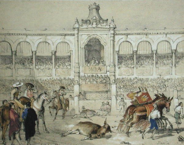 सेविले बुलफाइट: चार्ल्स जोसेफ हुलमंडेल (1789-1850) द्वारा उकेरी गई 'स्केच ऑफ स्पेन' से रिंग से मृत बैल को हटाना, 1836 में प्रकाशित (कलर लिथो) द्वारा जॉन फ्रेडरिक (बाद) लुईस
