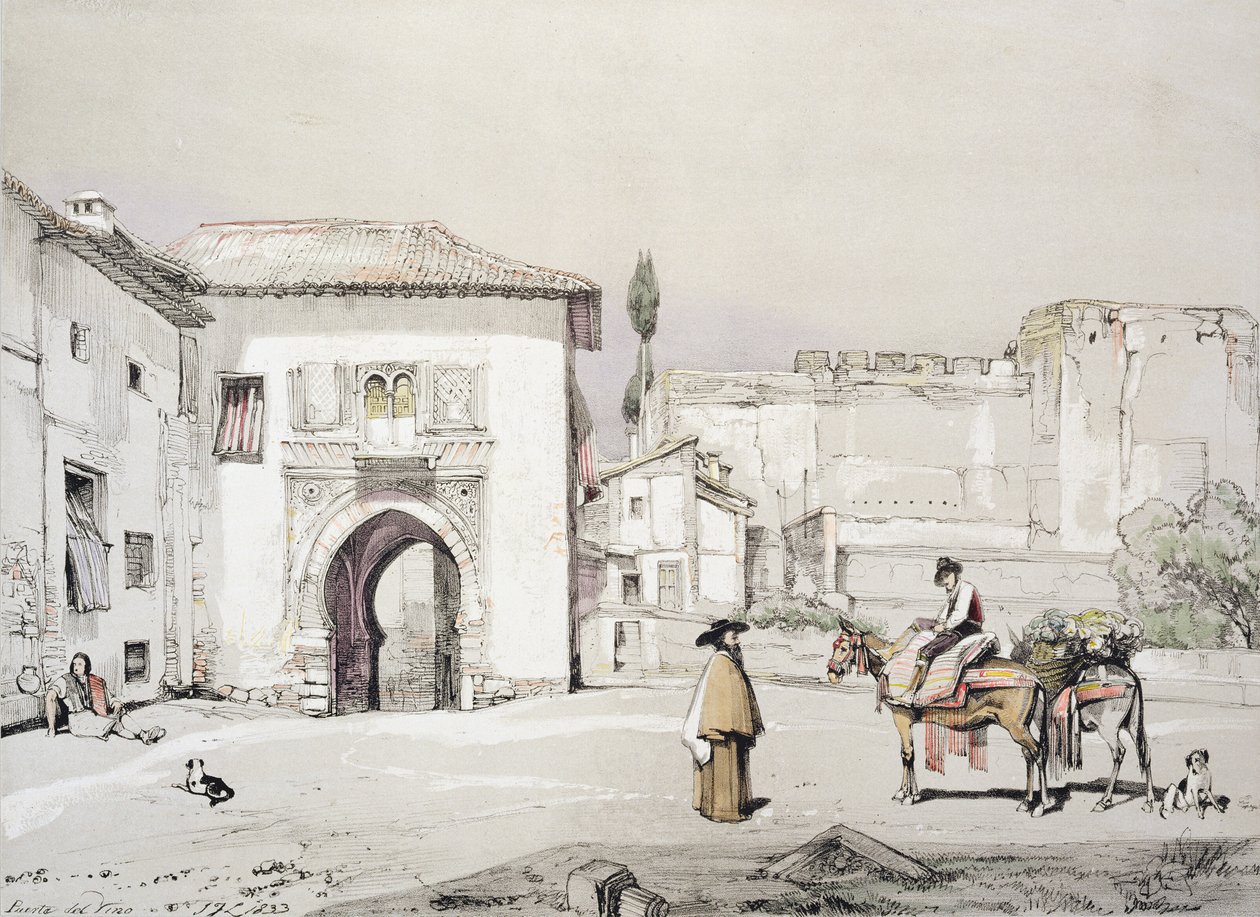जेम्स डफ़िल्ड हार्डिंग (1798-1863), 1833 द्वारा उत्कीर्ण &39;स्केच एंड ड्रॉइंग ऑफ द अल्हैम्ब्रा&39; से वाइन (पुएर्टा डेल विनो) का गेट द्वारा जॉन फ्रेडरिक लुईस