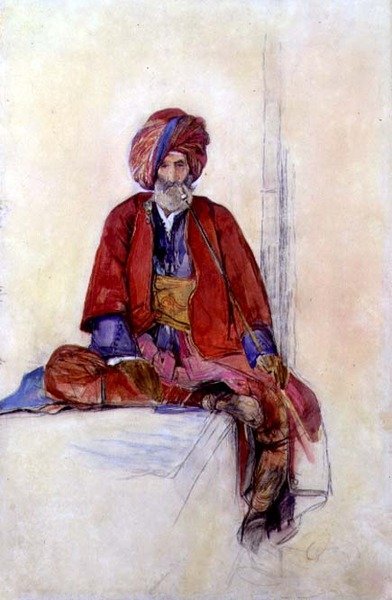 एक बैठे तुर्क का एक लंबा पाइप धूम्रपान करने का अध्ययन, c.1841 (चाक, जल रंग और गौचे) द्वारा जॉन फ्रेडरिक लुईस