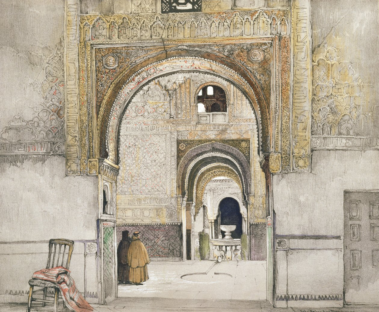 विलम गौसी (fl.1825-54), 1835 द्वारा उत्कीर्ण &39;स्केच एंड ड्रॉइंग ऑफ द अल्हाम्ब्रा&39; से दो बहनों का हॉल (साला दे लास डॉस हरमनस) द्वारा जॉन फ्रेडरिक लुईस