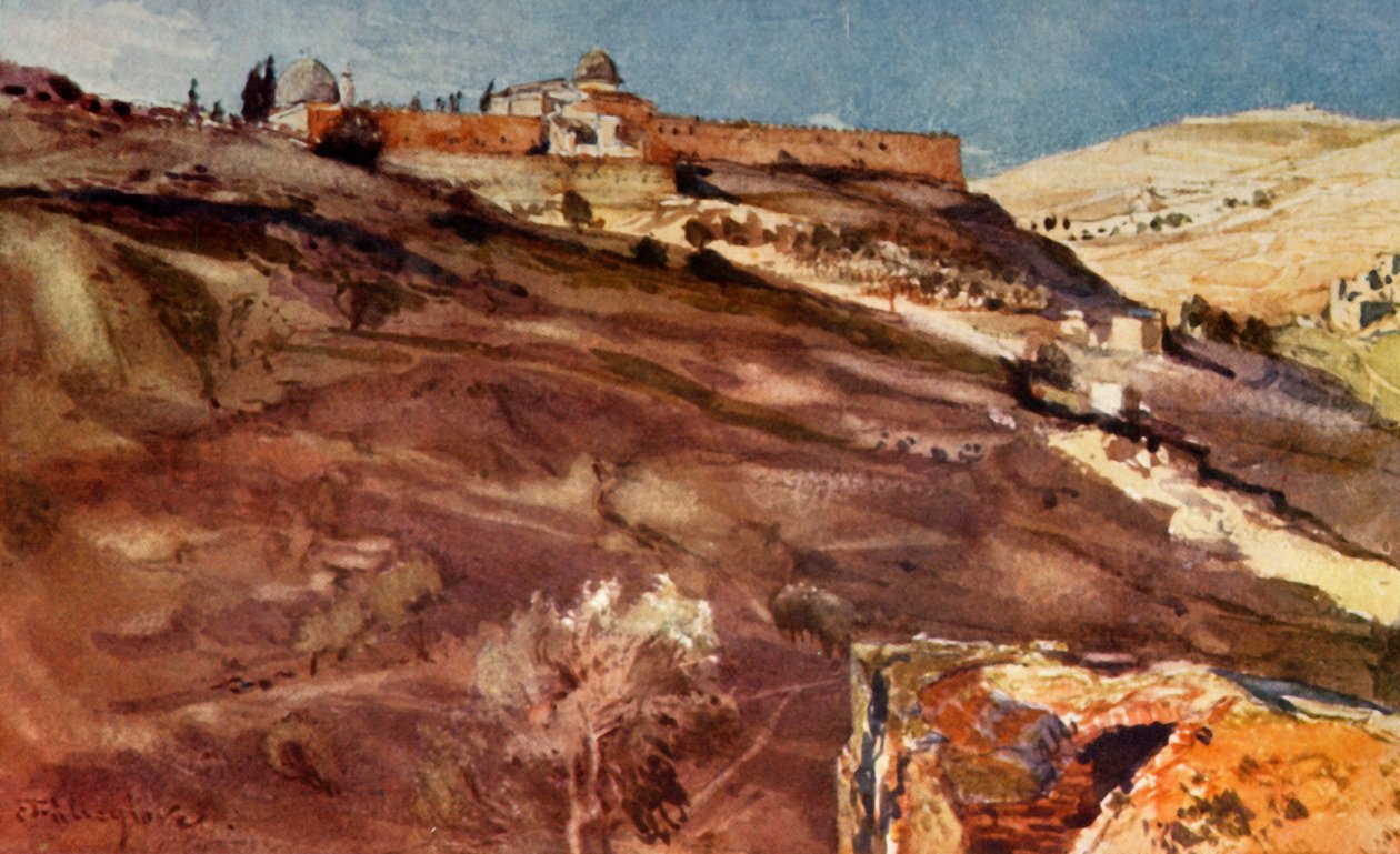 यरूशलेम। - सनसेट, 1902 में हिन्नोम की घाटी से मंदिर क्षेत्र की दक्षिण दीवार। द्वारा जॉन फुललीवे