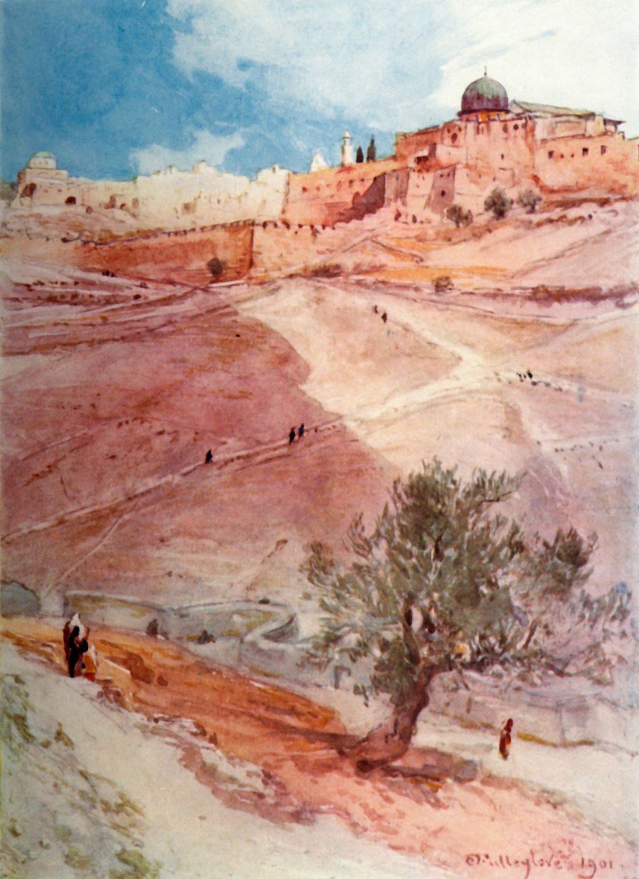 सिलीओम गाँव के उत्तरी छोर से यरुशलम की दक्षिण दीवार, 1902। द्वारा जॉन फुललीवे