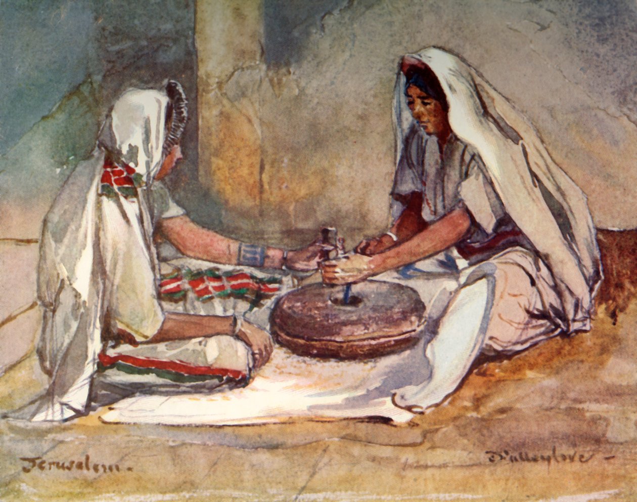 दो महिलाएं एक हैंड मिल, 1902 पर पीसती हैं। द्वारा जॉन फुललीवे