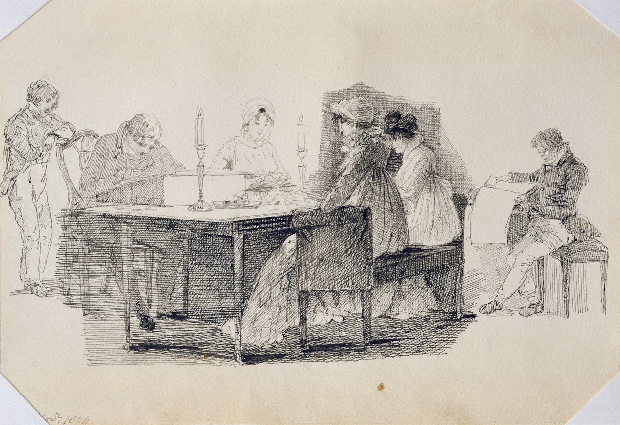 घर पर एक शाम, 1804 (कागज पर कलम और स्याही) द्वारा जॉन हार्डन