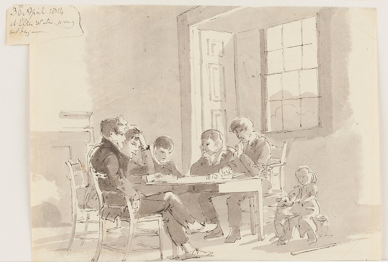 Storrs, Elterwater, 1814 (कागज पर धोने के साथ कलम और स्याही) पढ़ने वाले लड़के द्वारा जॉन हार्डन