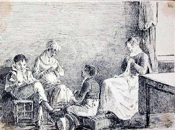 एक इंटीरियर में परिवार समूह (कागज पर कलम और स्याही) द्वारा जॉन हार्डन