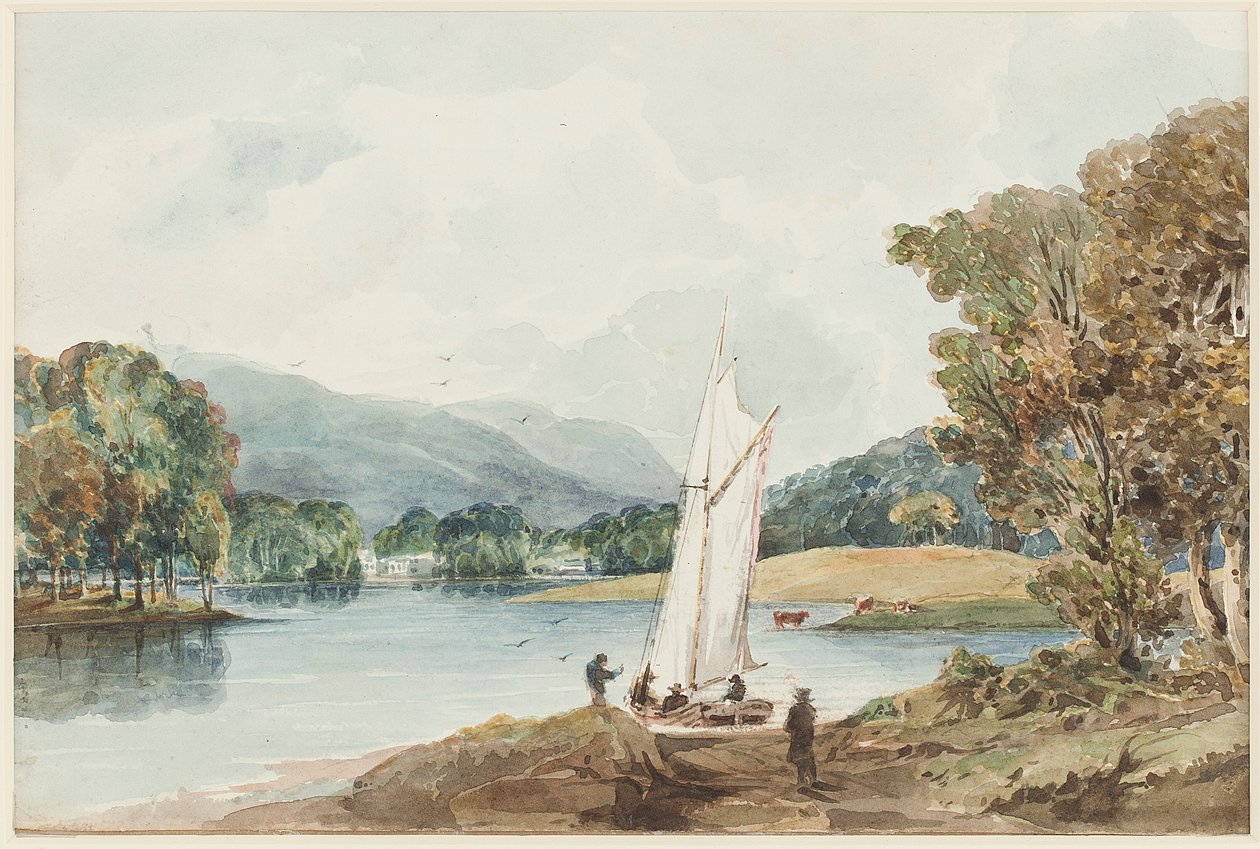 लिली ऑफ द वैली आइलैंड, लेक विंडरमेयर, लेक डिस्ट्रिक्ट, कुंभारिया, 1827 (कागज पर wc) द्वारा जॉन हार्डन