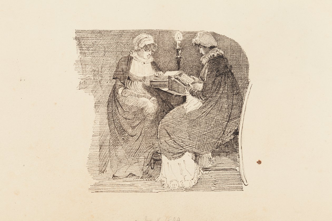लैम्पलाइट, 1804 (कागज पर कलम और स्याही) पढ़ने वाली दो महिलाएं द्वारा जॉन हार्डन