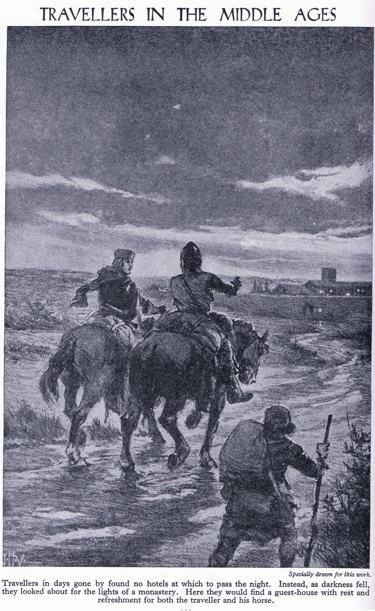 मध्य युग में यात्री। जब अंधेरा हुआ तो यात्रियों ने एक मठ की रोशनी की तलाश की, c.1950 द्वारा जॉन हैरिस वाल्डा