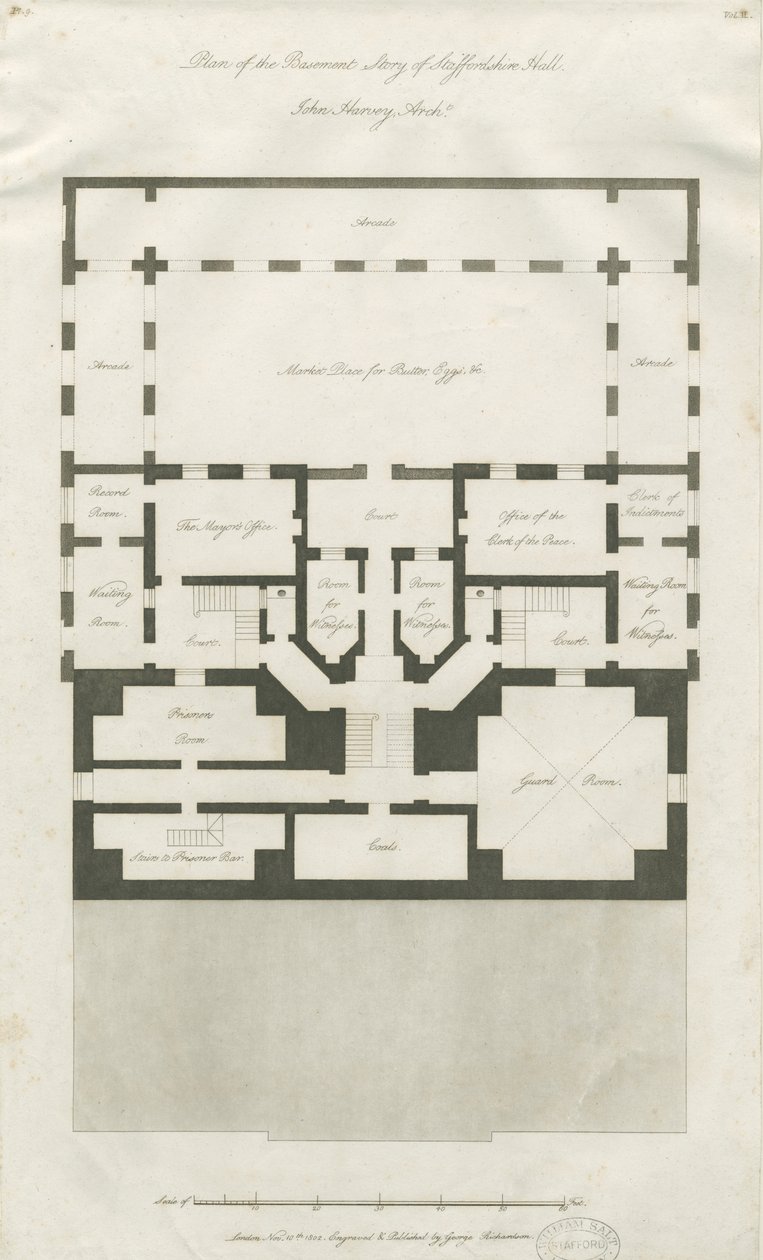 स्टाफ़र्ड - शायर हॉल के बेसमेंट स्टोरी की योजना: उत्कीर्णन, एनडी [1794-1798] (प्रिंट) द्वारा जॉन हार्वे