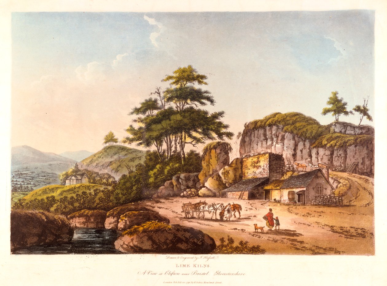 लाइम किल्स। 1798 में ब्रिस्टल, ग्लॉस्टरशायर के पास क्लिफ्टन में एक दृश्य। द्वारा जॉन हैसेल