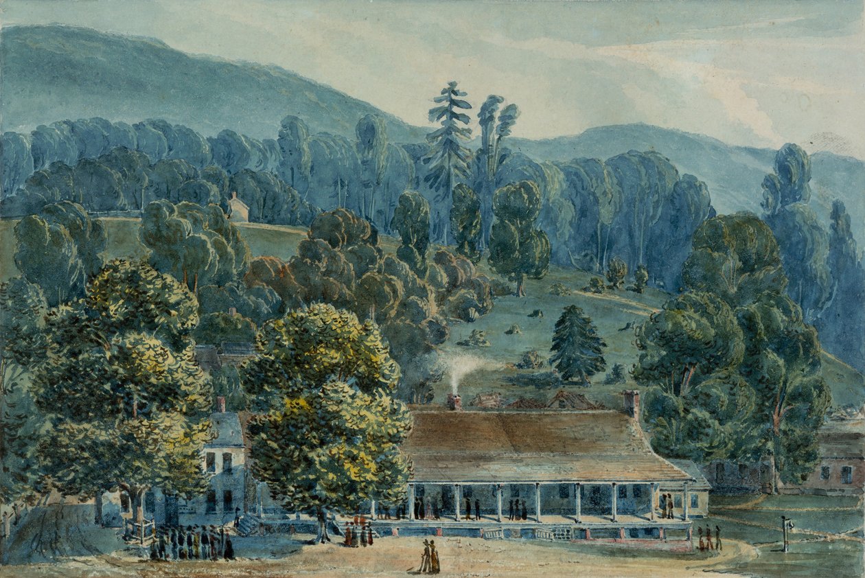 व्हाइट सल्फर स्प्रिंग्स, 1832 में भोजन कक्ष और स्टेज कार्यालय। द्वारा जॉन हेज़लहर्स्ट बोनेवल लैट्रोब
