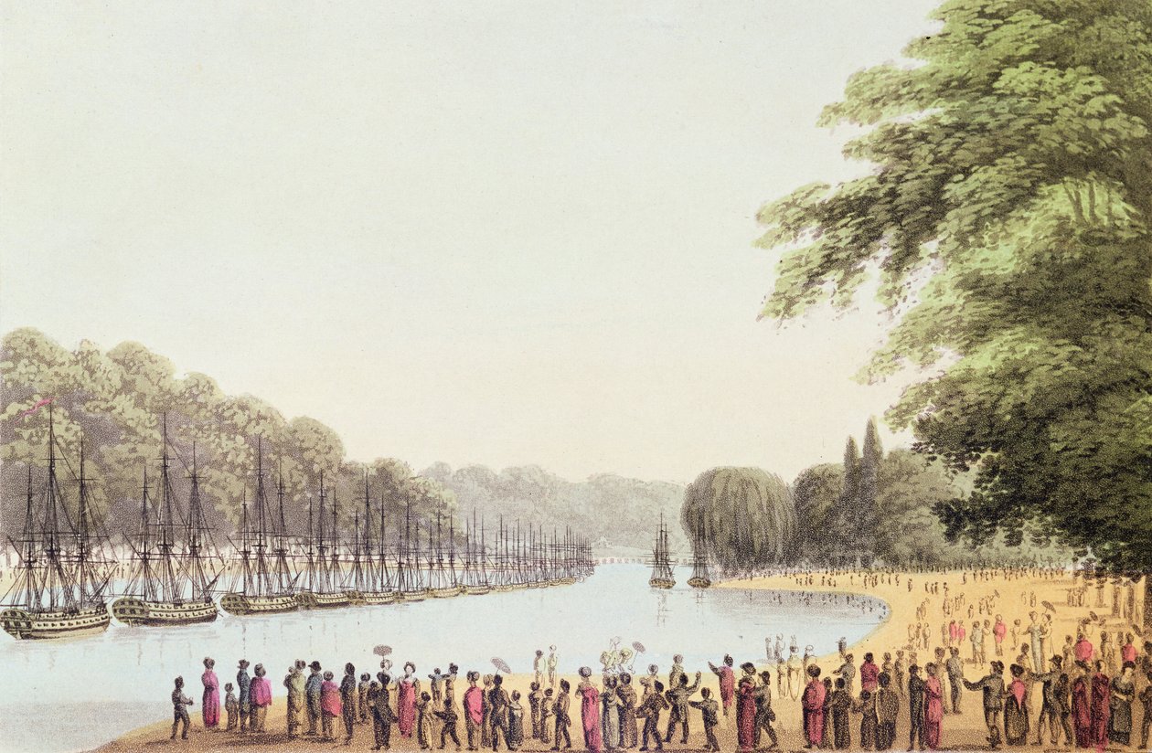 मैथ्यू डबबर्ग (fl.1813-20) 1814 द्वारा उत्कीर्ण, सर्पेंटाइन नदी पर बेड़ा द्वारा जॉन हीविसाइड क्लार्क