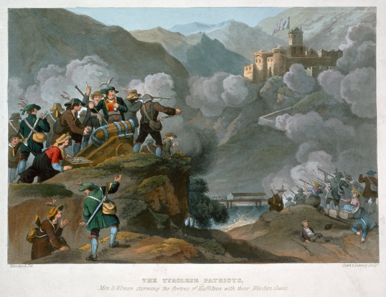 1816 में अपनी लकड़ी की बंदूकों के साथ कफ़स्टीन के किले पर हमला करते तिरोली देशभक्त द्वारा जॉन हीविसाइड क्लार्क