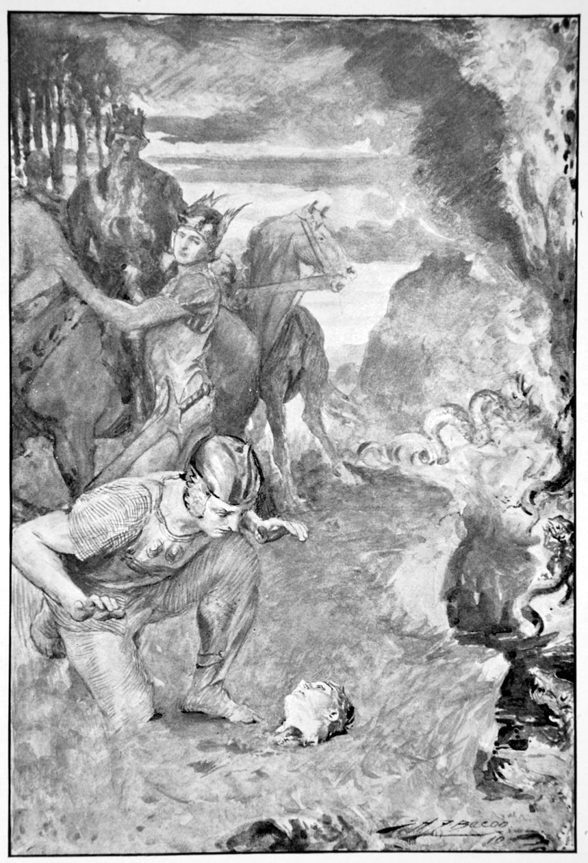 'बियोवुल्फ़ को एशरे का सिर मिला', 1910। द्वारा जॉन हेनरी फ्रेडरिक बेकन