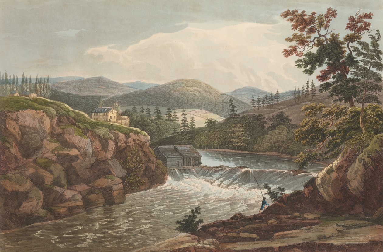 हडसन नदी पोर्टफोलियो, 1822-23 के लुज़र्न नंबर 1 पर लिटिल फॉल्स। द्वारा जॉन हिल