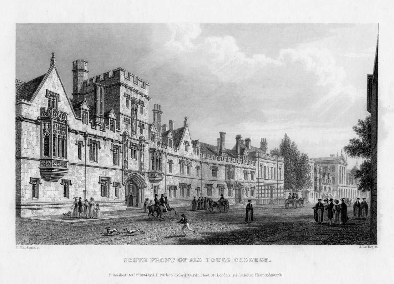 ऑल सोल्स कॉलेज, ऑक्सफोर्ड विश्वविद्यालय, 1834 के दक्षिण सामने। द्वारा जॉन ले क्यूक्स
