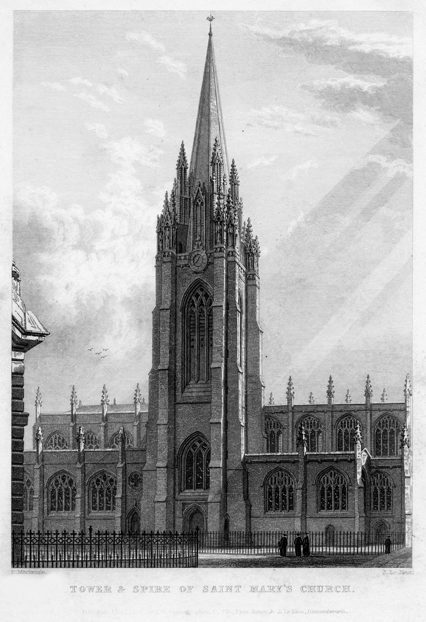 टॉवर और सेंट मैरी चर्च, ऑक्सफोर्ड, 1833 के शिखर। द्वारा जॉन ले क्यूक्स