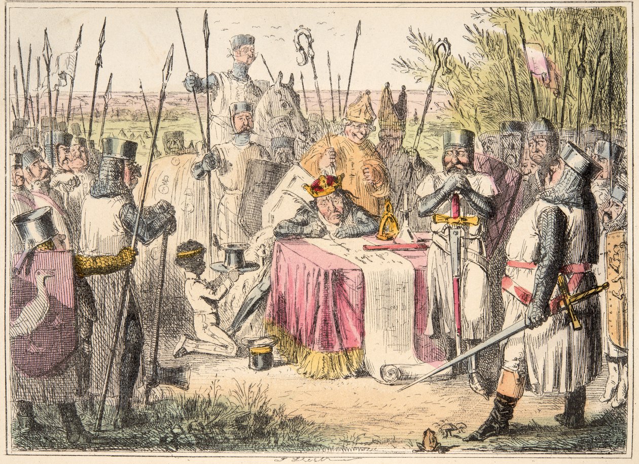 इंग्लैंड के कॉमिक हिस्ट्री से किंग जॉन साइनिंग मैग्ना कार्टा, पब। 1864 (हाथ के रंग का नक़्क़ाशी) द्वारा जॉन लीचो